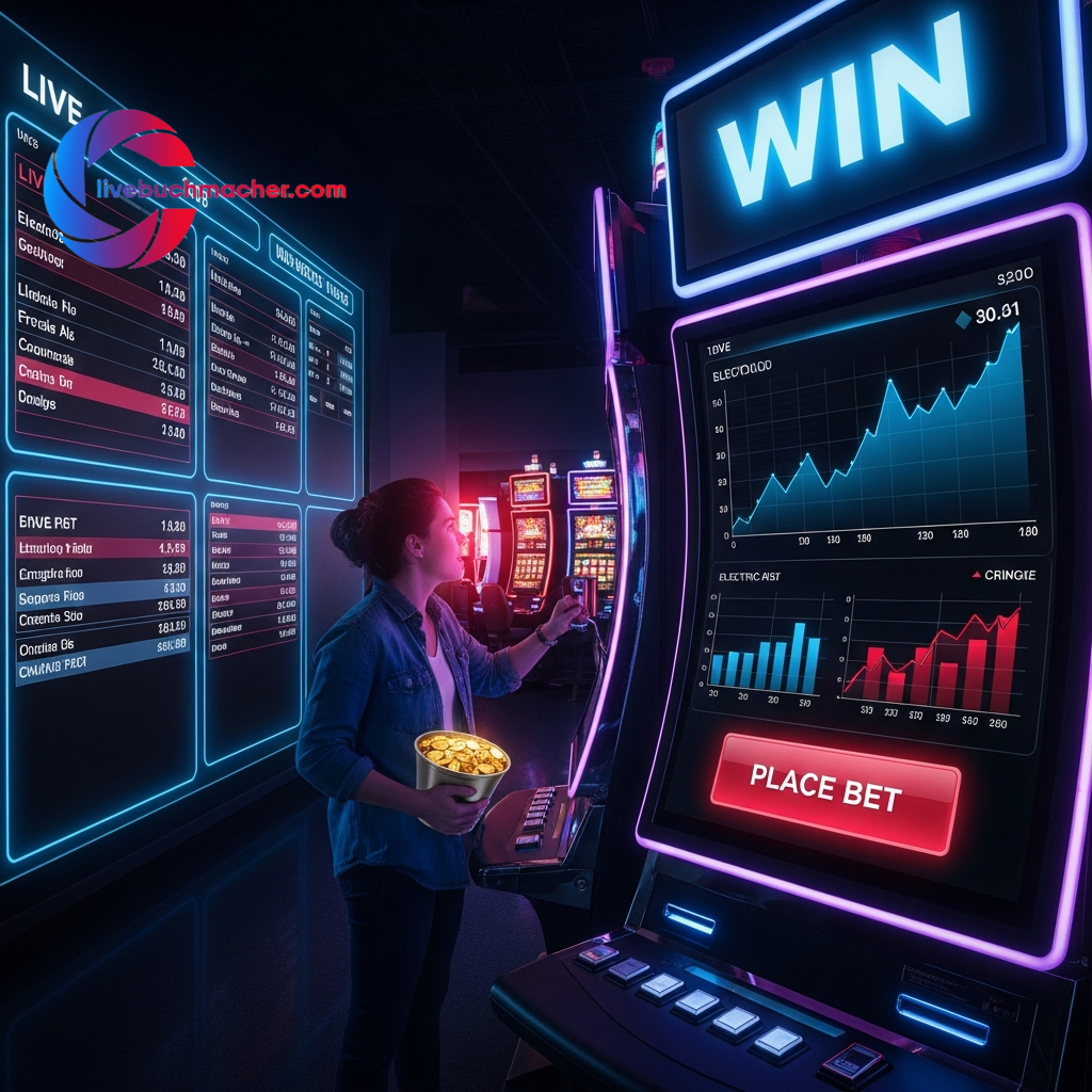 Eine Person, die ein futuristisches Wett-Terminal bedient, auf dem Graphen und Daten zu verschiedenen Basketball-Ligen und Turnieren angezeigt werden.